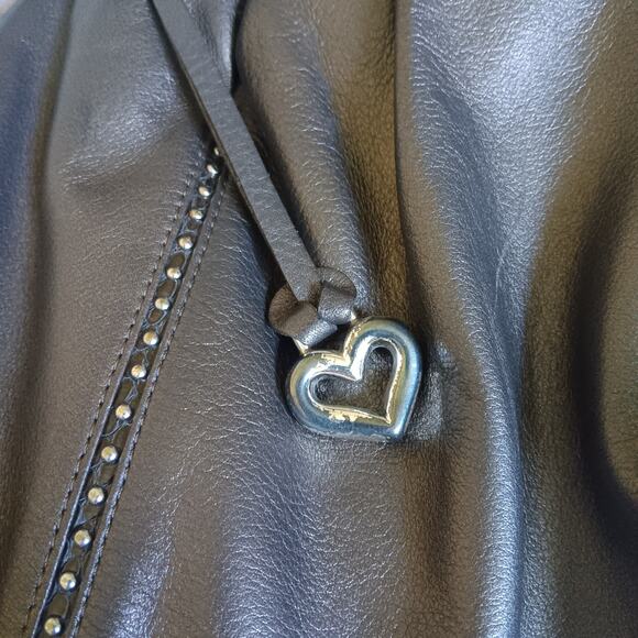 VTG Brighton Dark Gray Stud Leather Shoulder Hobo Bag W/Big Side Charm E736182 - Picture 4 of 12